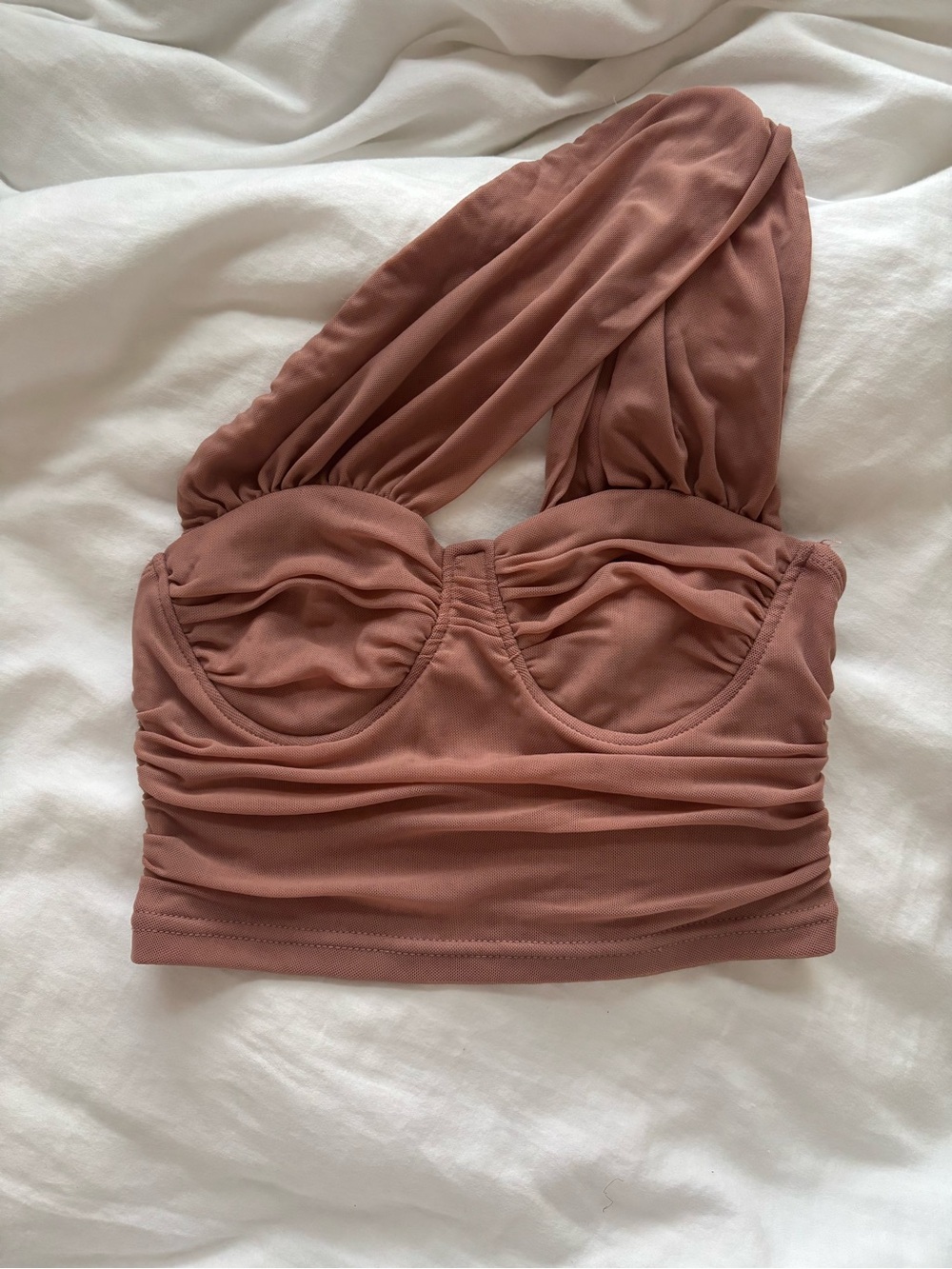 One-Shoulder Ruched Mesh Crop Top  - Dusty Rose